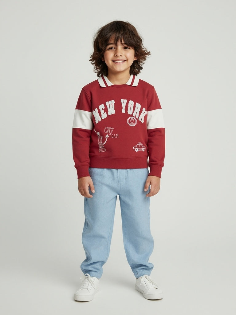 HOP Kids Boys Red Typographic Cotton Sweatshirt