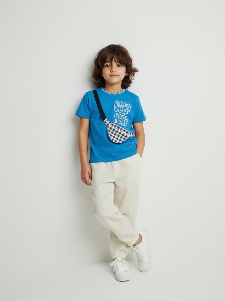 HOP Kids Boys Blue Typographic Cotton T-Shirt