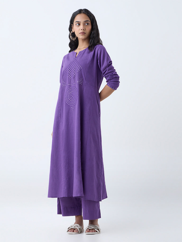 Westside Utsa Women's Violet Mirror Work Design Cotton A-Line Kurta for Work Wear Full View