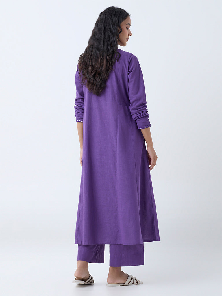 Westside Utsa Women's Violet Mirror Work Design Cotton A-Line Kurta for Work Wear Back View