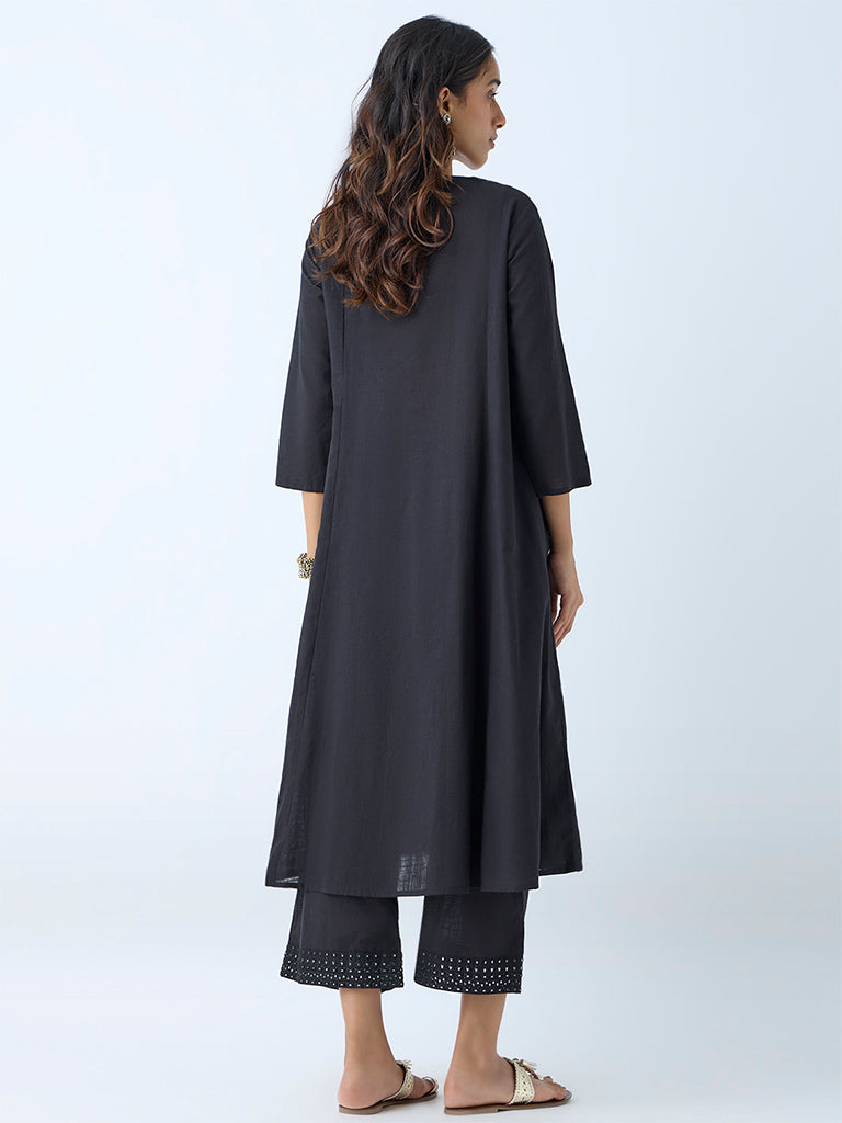 Westside Utsa Women's Black Mirror Detailed Fit-and-Flare Cotton Kurta for Work Wear Back View