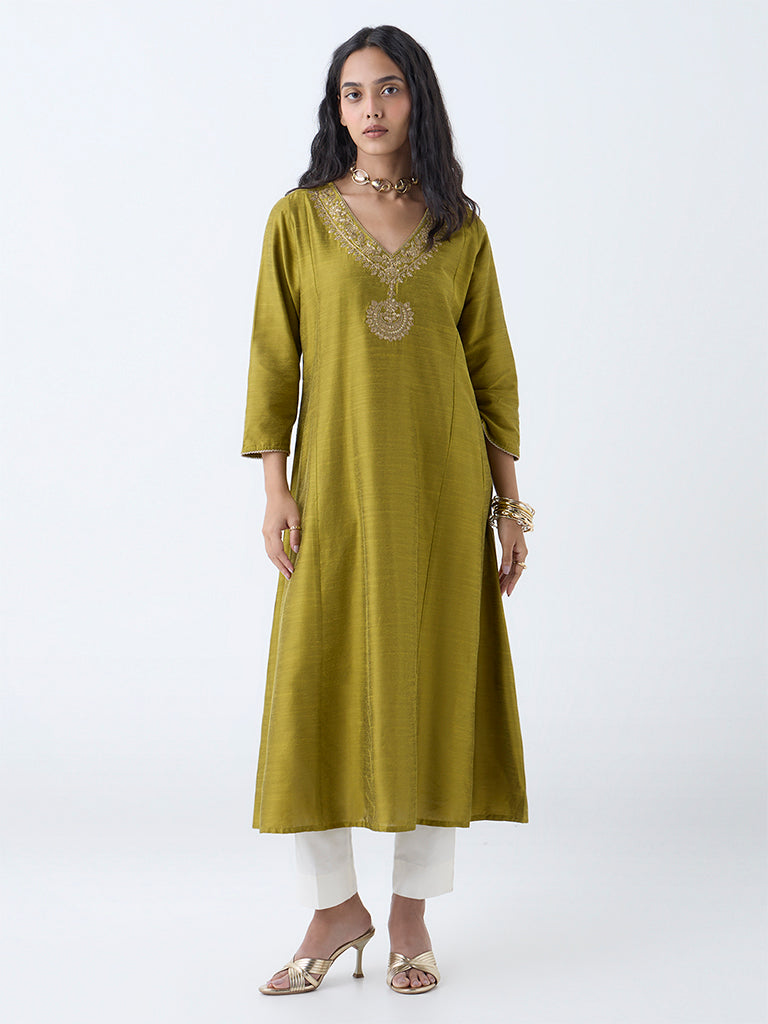 Utsa Lime Sequin Embellished A-Line Kurta