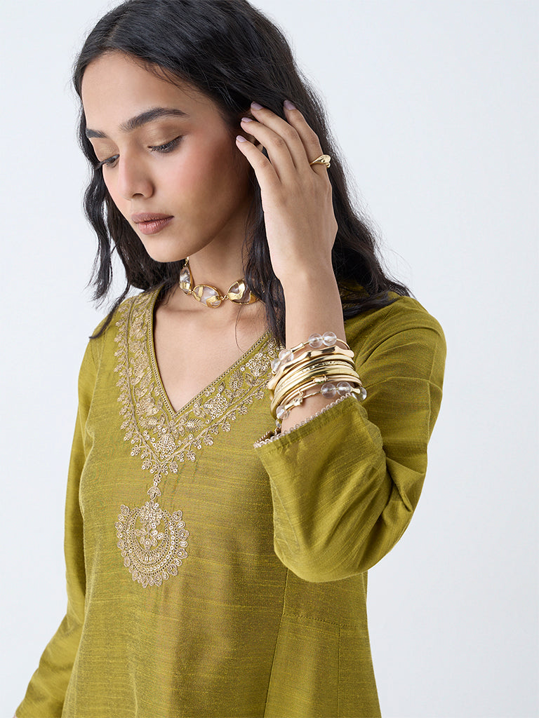 Utsa Lime Sequin Embellished A-Line Kurta