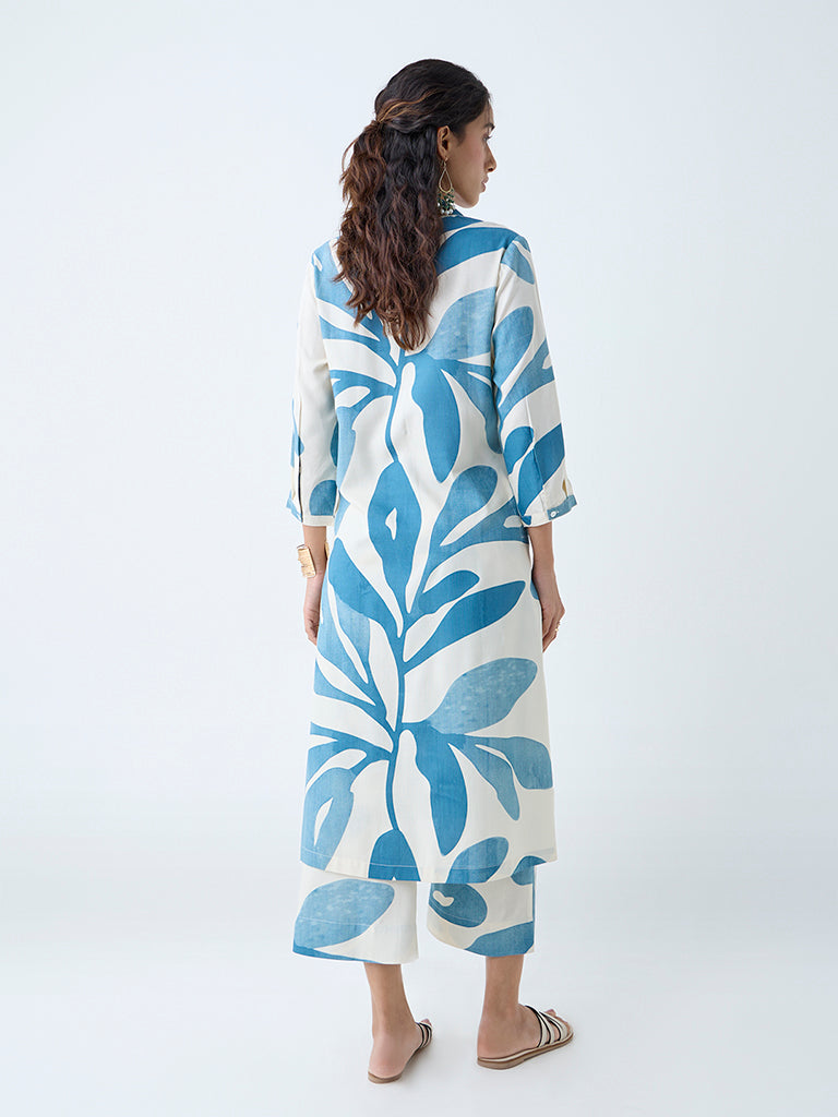 Westside Utsa Women's Blue Leaf Printed A-Line Kurta for Work Wear Back View