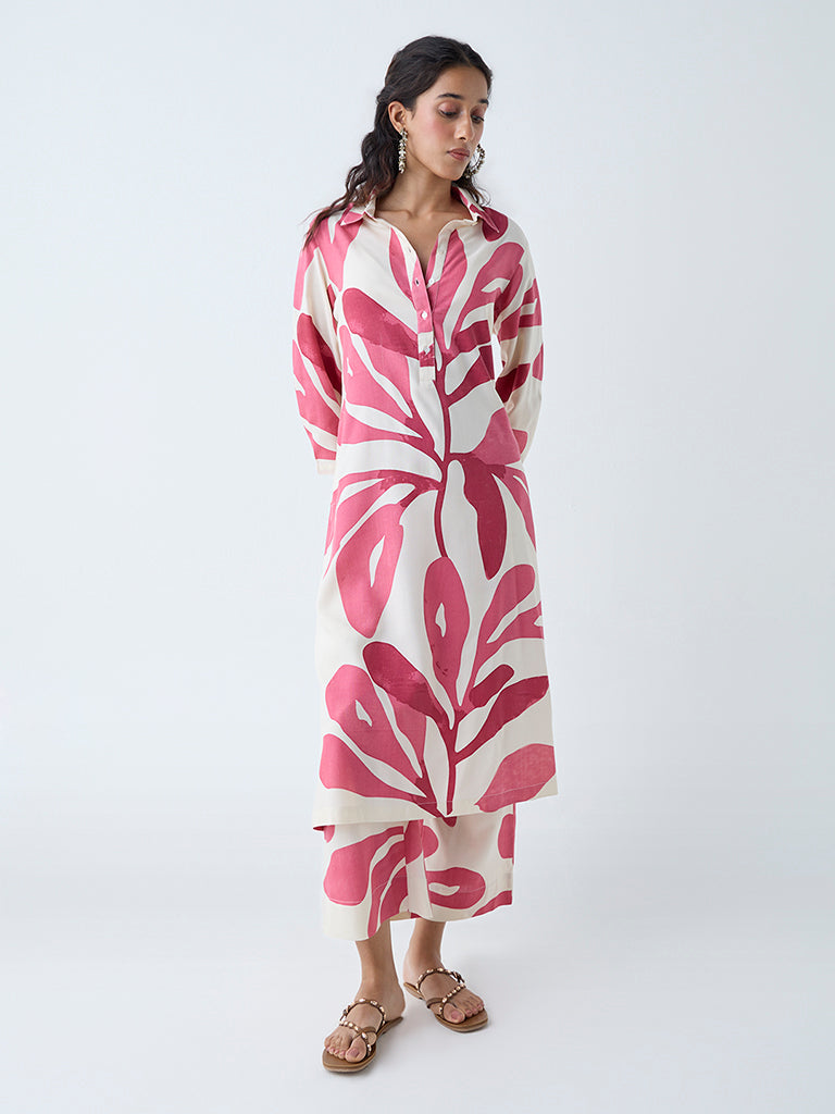 Westside Utsa Women's Red Leaf Design A-Line Kurta for Work Wear Front View