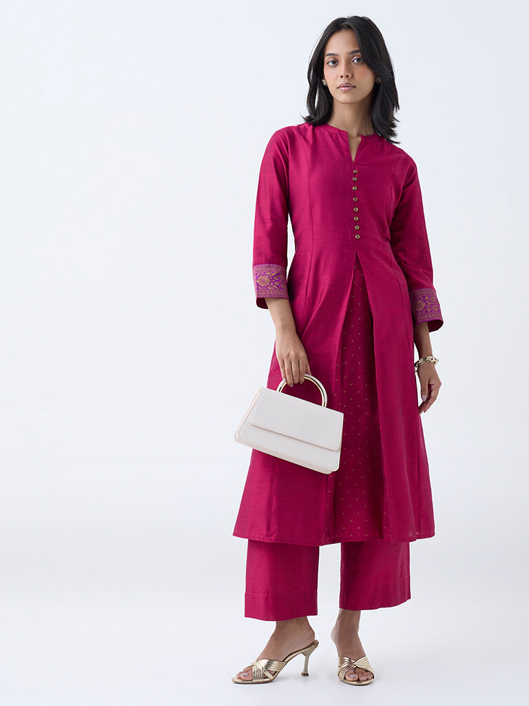 Westside Utsa Women's Fuchsia Solid A-Line Kurta for Work Wear Front view