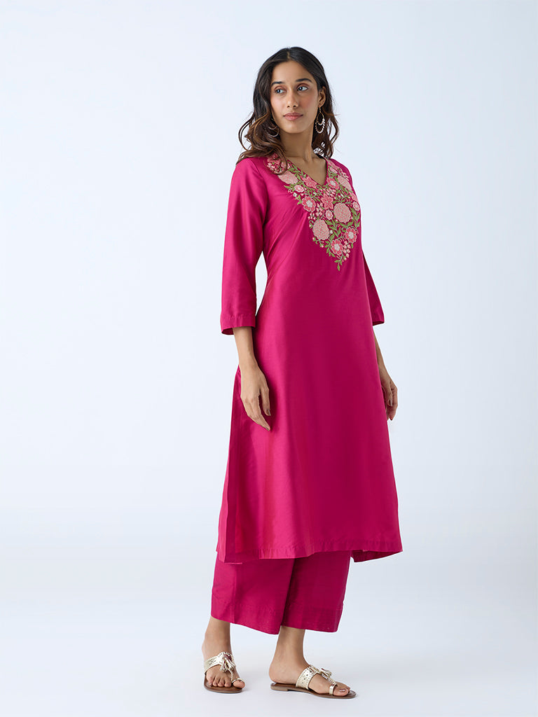 Westside Utsa Women's Fuchsia Floral Embroidered Straight Kurta for Work Wear Front View
