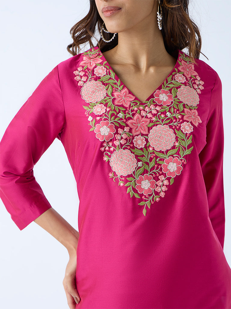 Westside Utsa Women's Fuchsia Floral Embroidered Straight Kurta for Work Wear Zoomed View