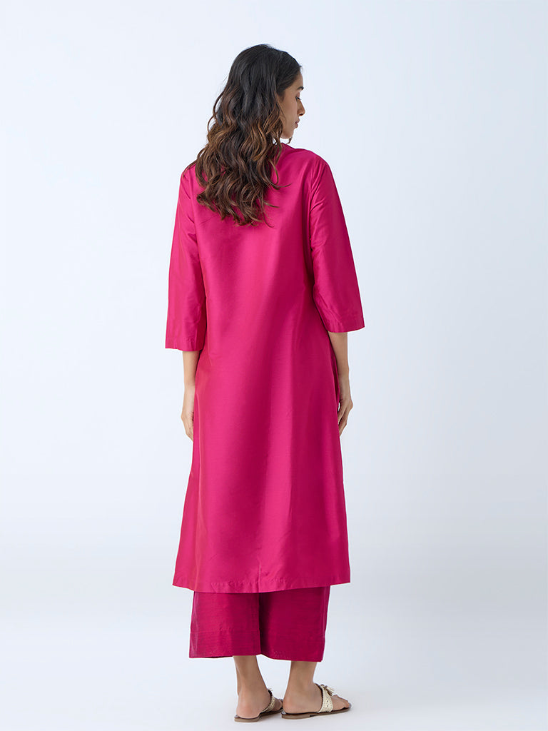 Westside Utsa Women's Fuchsia Floral Embroidered Straight Kurta for Work Wear Back View