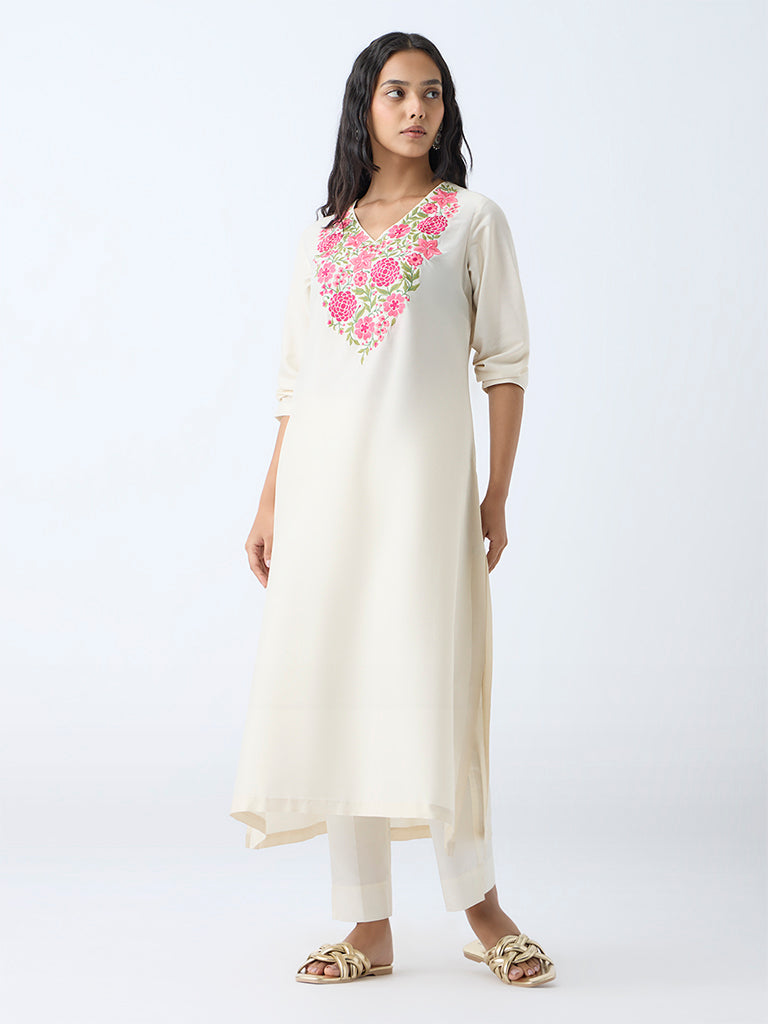 Westside Utsa Women's Off-White Floral Embroidered A-Line Kurta for Work Wear Full View
