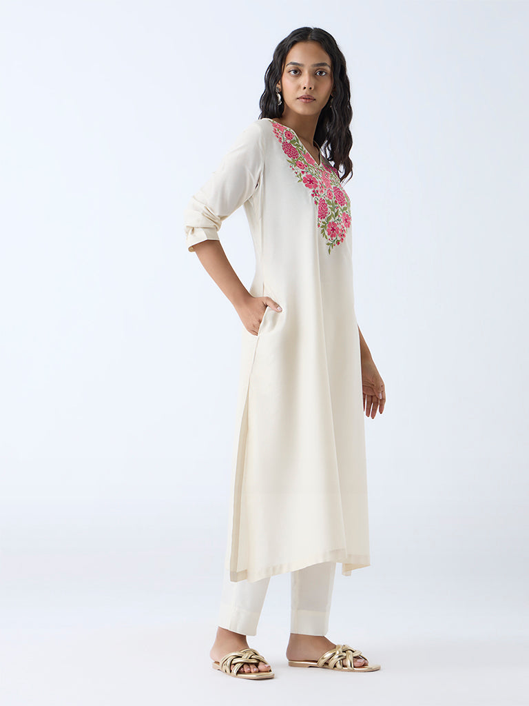 Westside Utsa Women's Off-White Floral Embroidered A-Line Kurta for Work Wear Front View