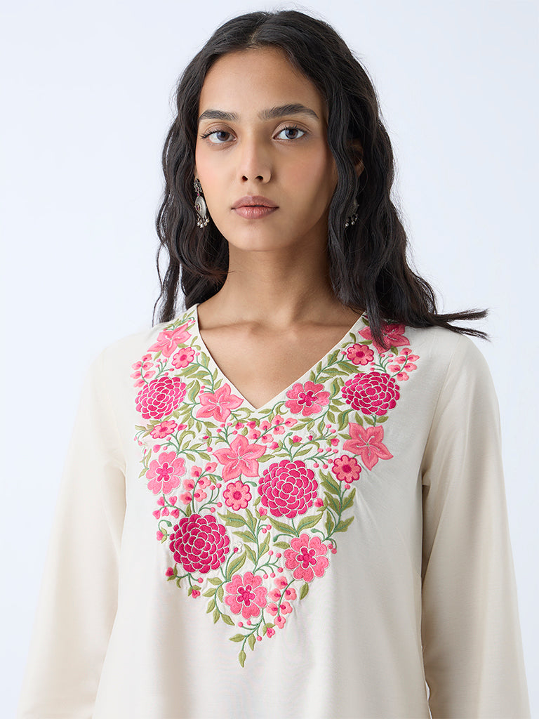 Westside Utsa Women's Off-White Floral Embroidered A-Line Kurta for Work Wear Zoomed View