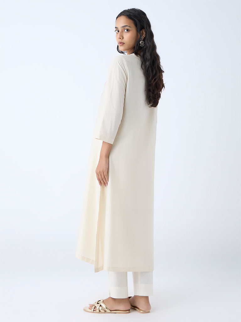 Westside Utsa Women's Off-White Floral Embroidered A-Line Kurta for Work Wear Back View