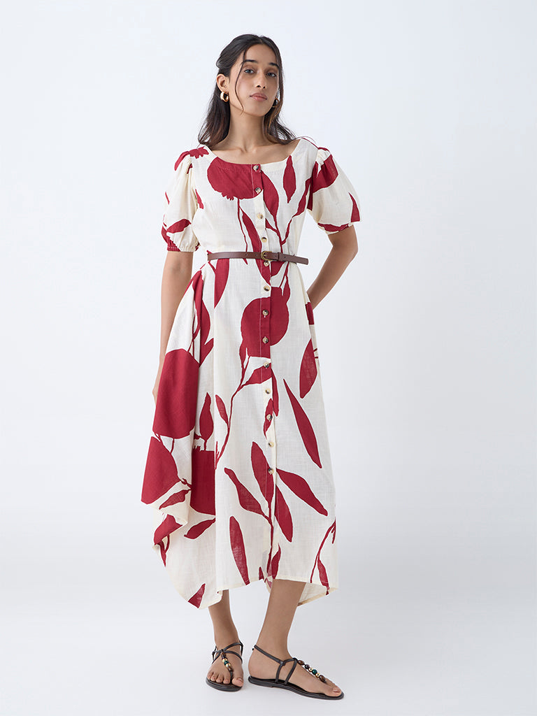 Utsa Red Anar Design Cotton Asymmetric Dress with Belt