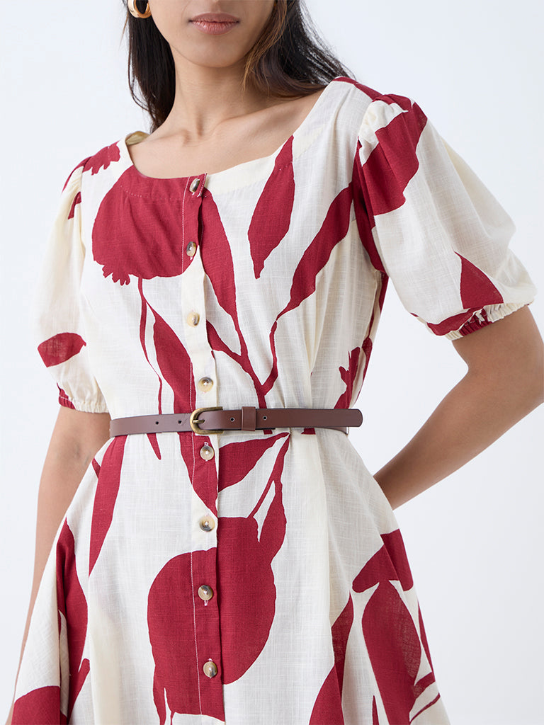 Utsa Red Anar Design Cotton Asymmetric Dress with Belt