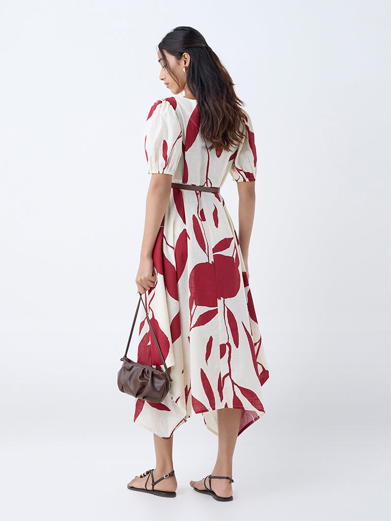 Utsa Red Anar Design Cotton Asymmetric Dress with Belt