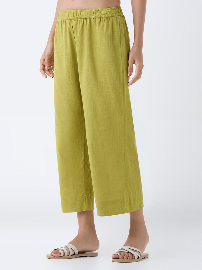 Westside Utsa Women's Lime Solid Cotton Ethnic Pants for Everyday Front view