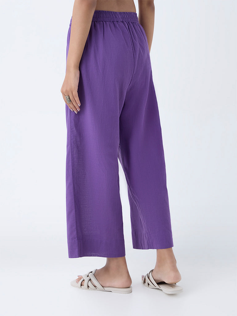Westside Utsa Women's Violet Solid Cotton Ethnic Pants for Everyday Back View