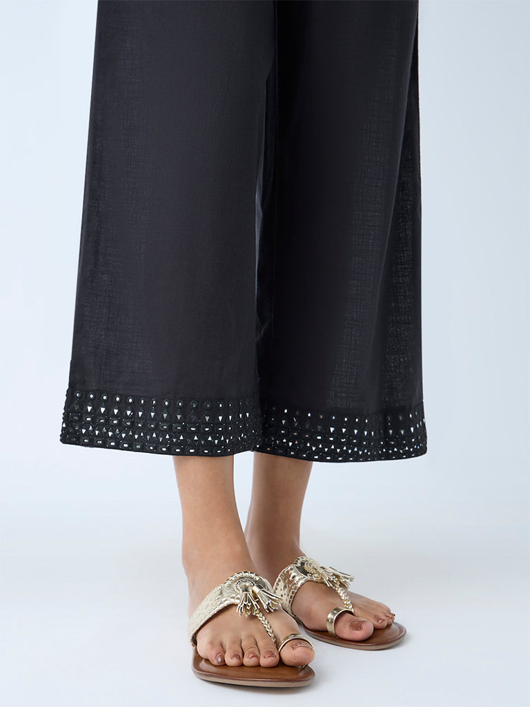 Westside Utsa Women's Black Mirror Detailed Cotton Ethnic Pants for Work Wear Zoomed View