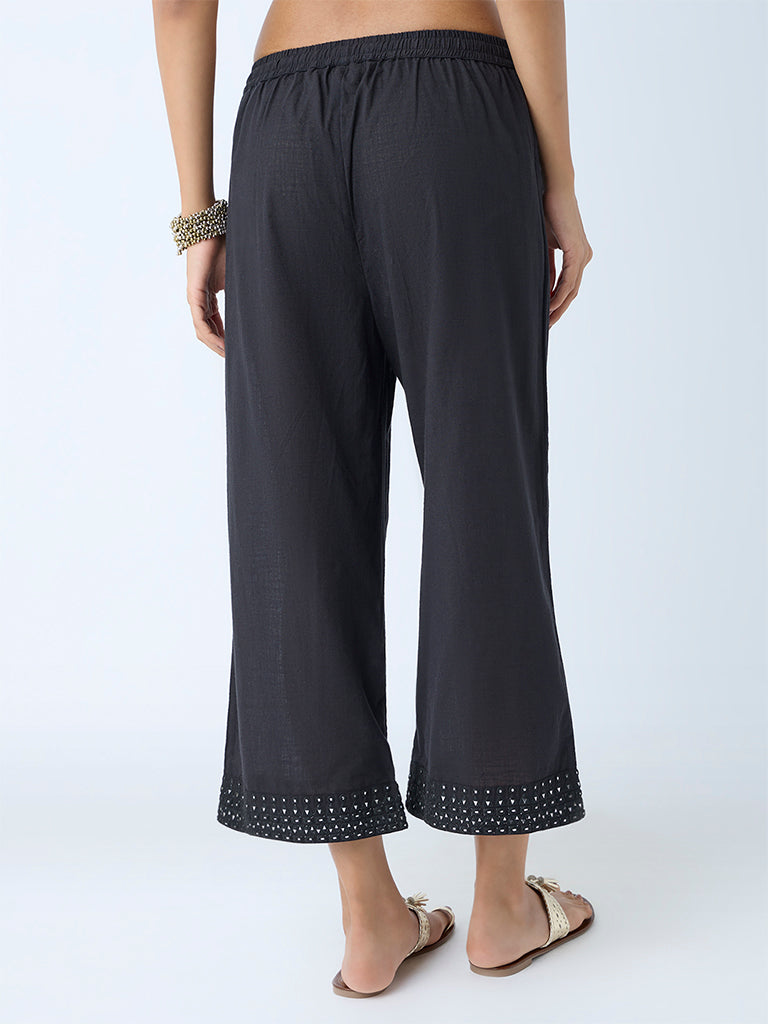 Westside Utsa Women's Black Mirror Detailed Cotton Ethnic Pants for Work Wear Back View
