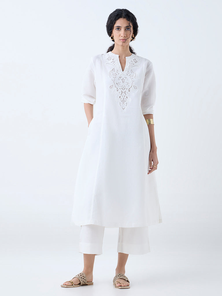Westside Zuba Women's White Paisley Design A-Line Linen-Blend Kurta for Work Wear Full View