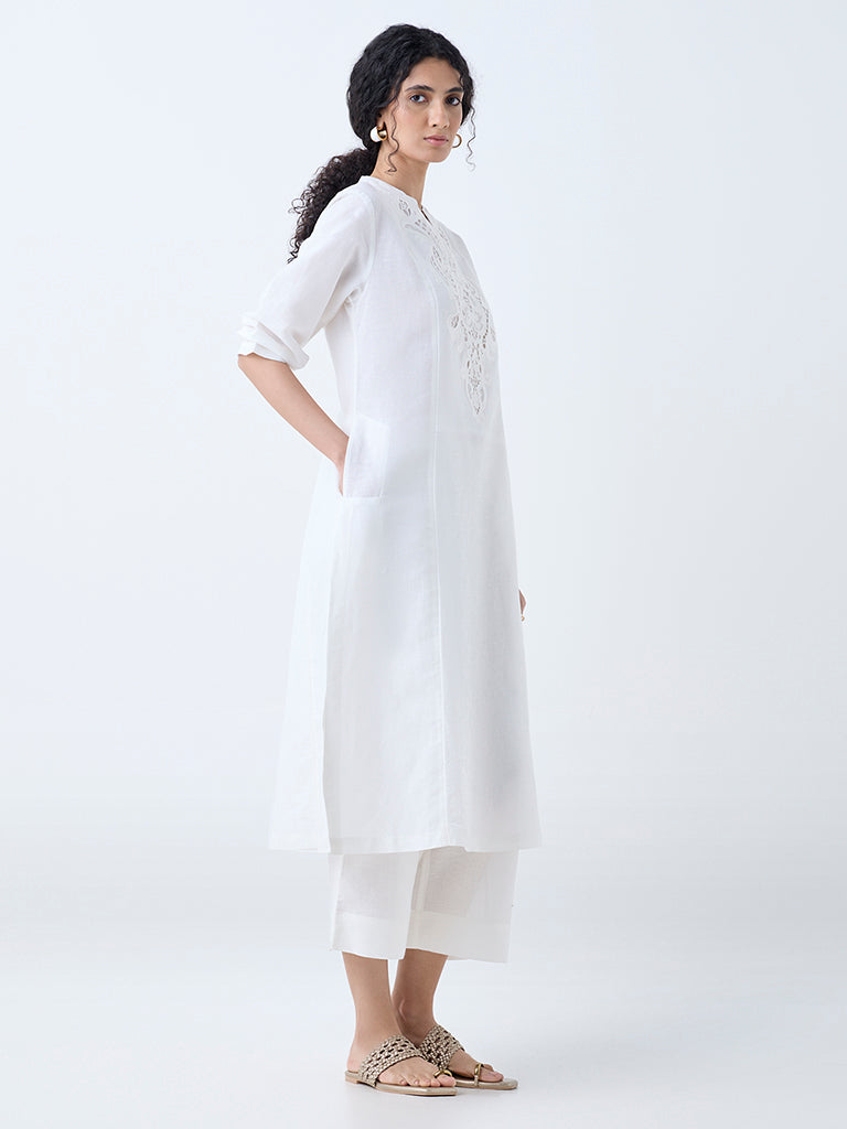 Westside Zuba Women's White Paisley Design A-Line Linen-Blend Kurta for Work Wear Front View