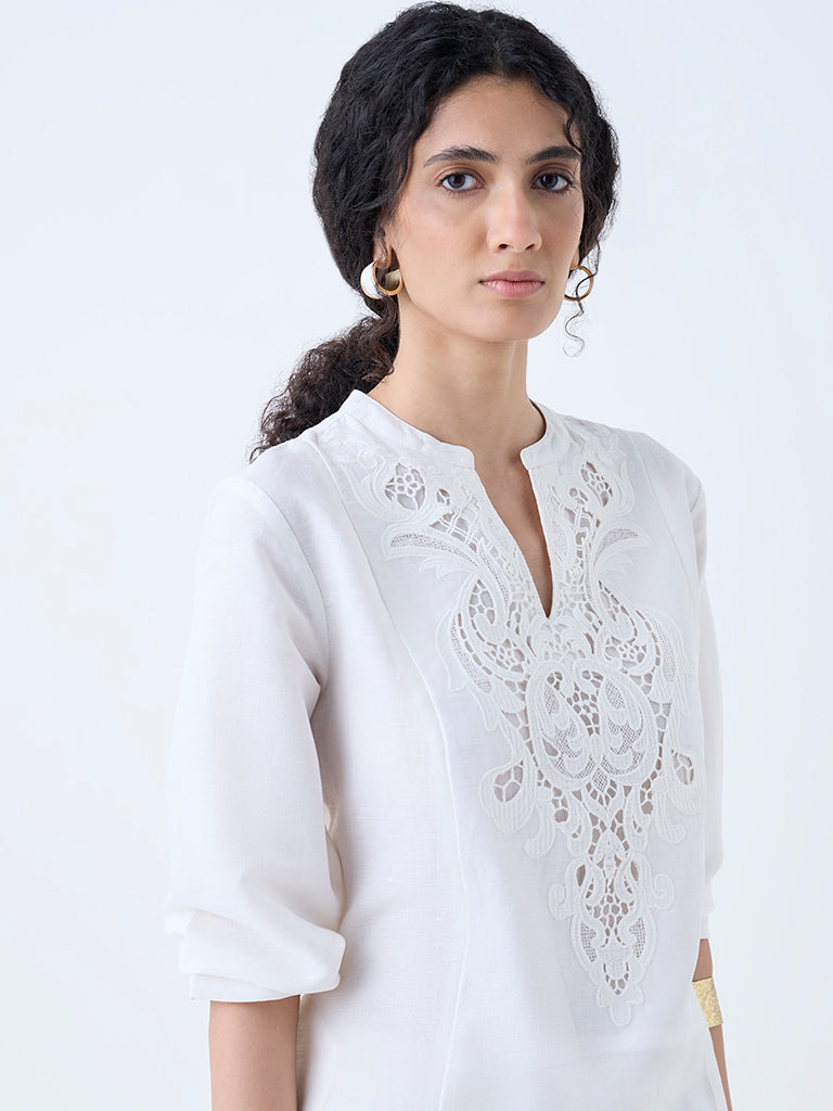 Westside Zuba Women's White Paisley Design A-Line Linen-Blend Kurta for Work Wear Zoomed View