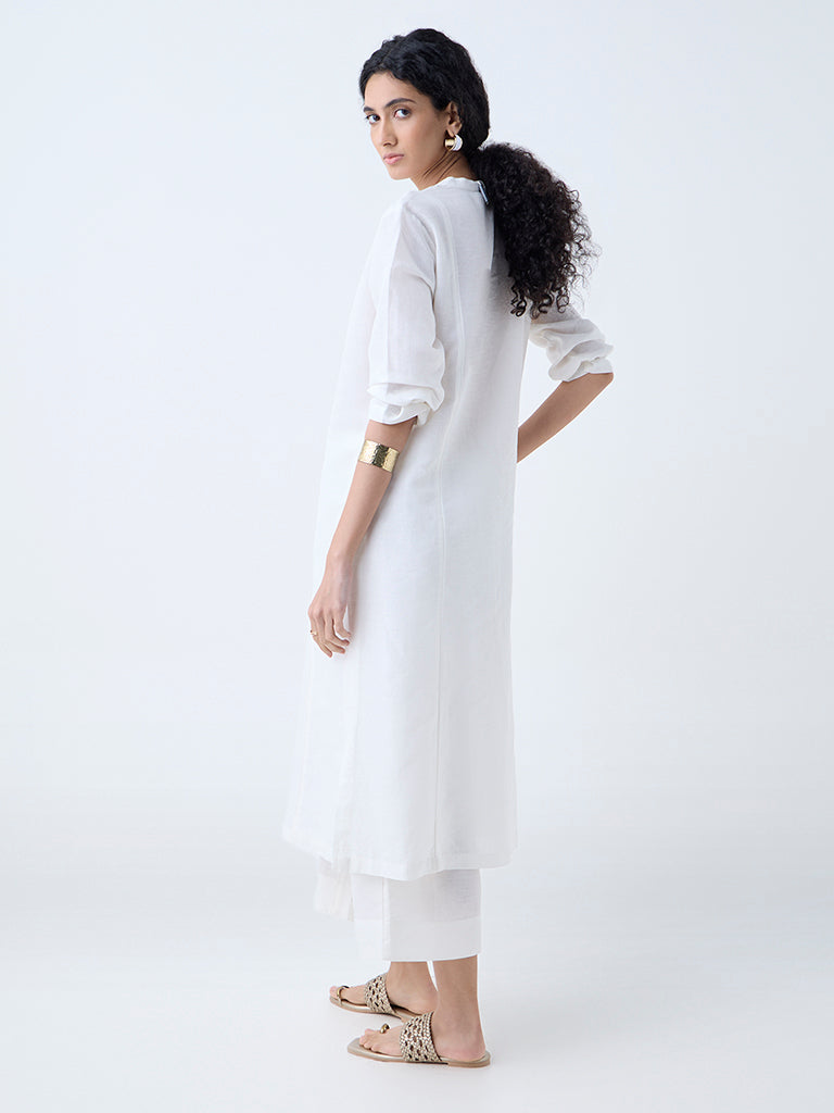 Westside Zuba Women's White Paisley Design A-Line Linen-Blend Kurta for Work Wear Back View