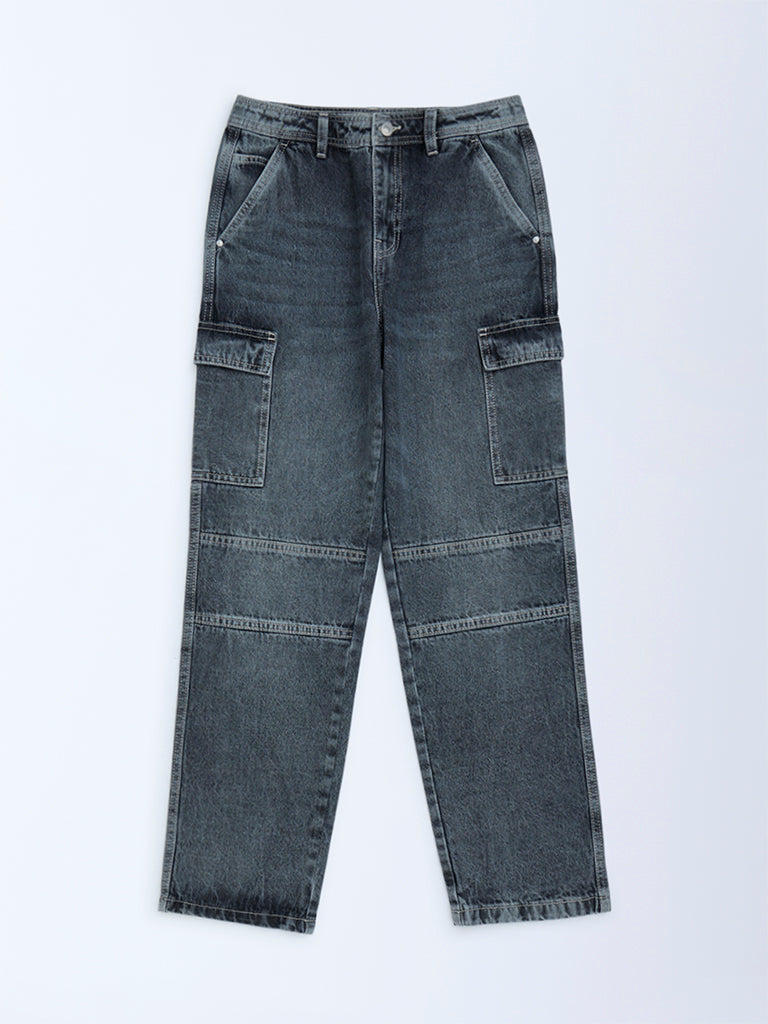 Y&F Kids Charcoal Washed Relaxed-Fit Mid-Rise Jeans