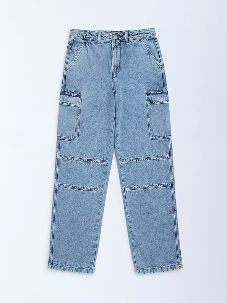 Y&F Kids Blue Washed Relaxed-Fit High-Rise Jeans