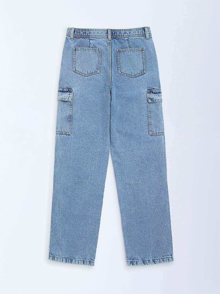 Y&F Kids Blue Washed Relaxed-Fit High-Rise Jeans