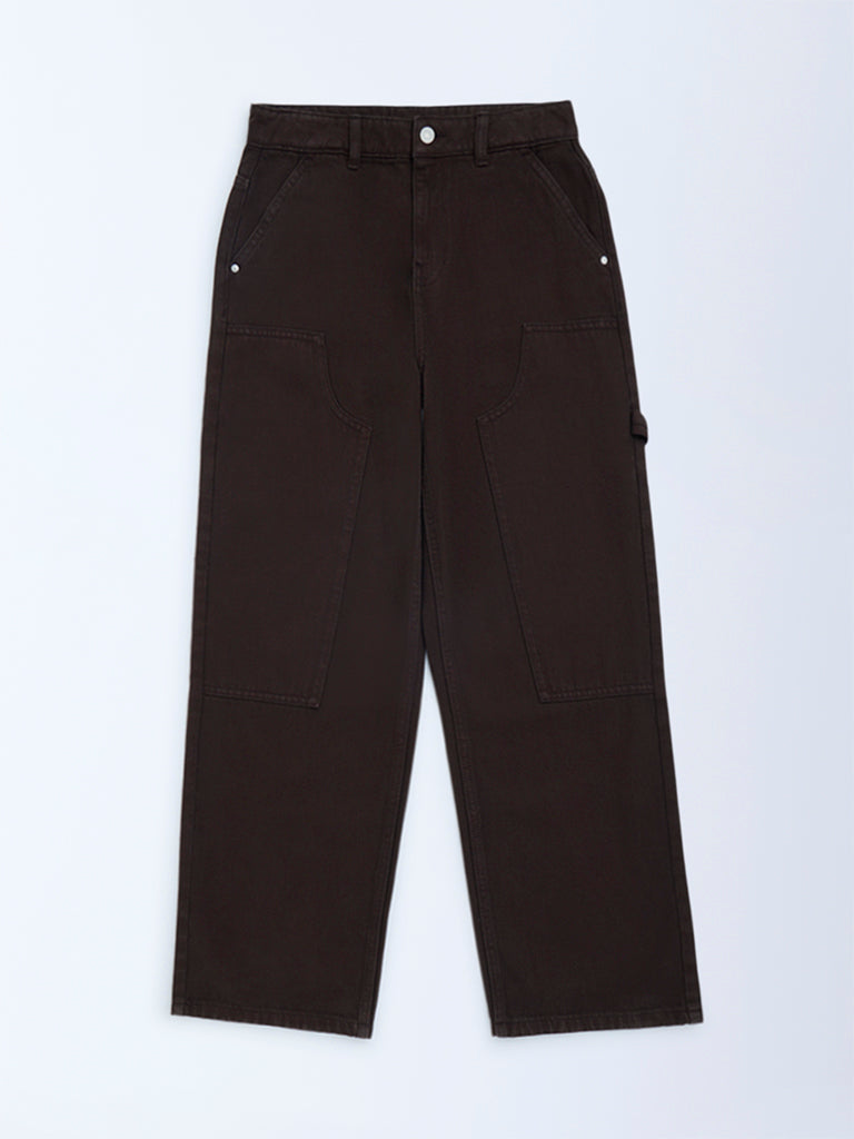 Y&F Kids Dark Brown Relaxed-Fit Mid-Rise Jeans