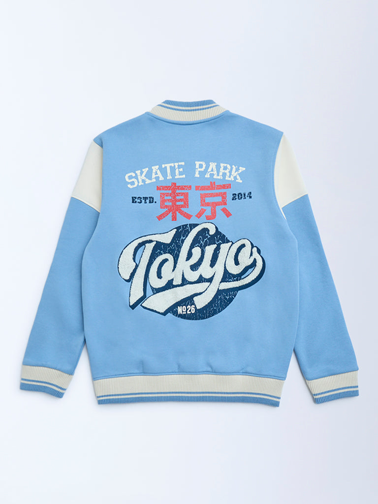 Y&F Kids Boys Blue Text Design Cotton-Blend Varsity Jacket