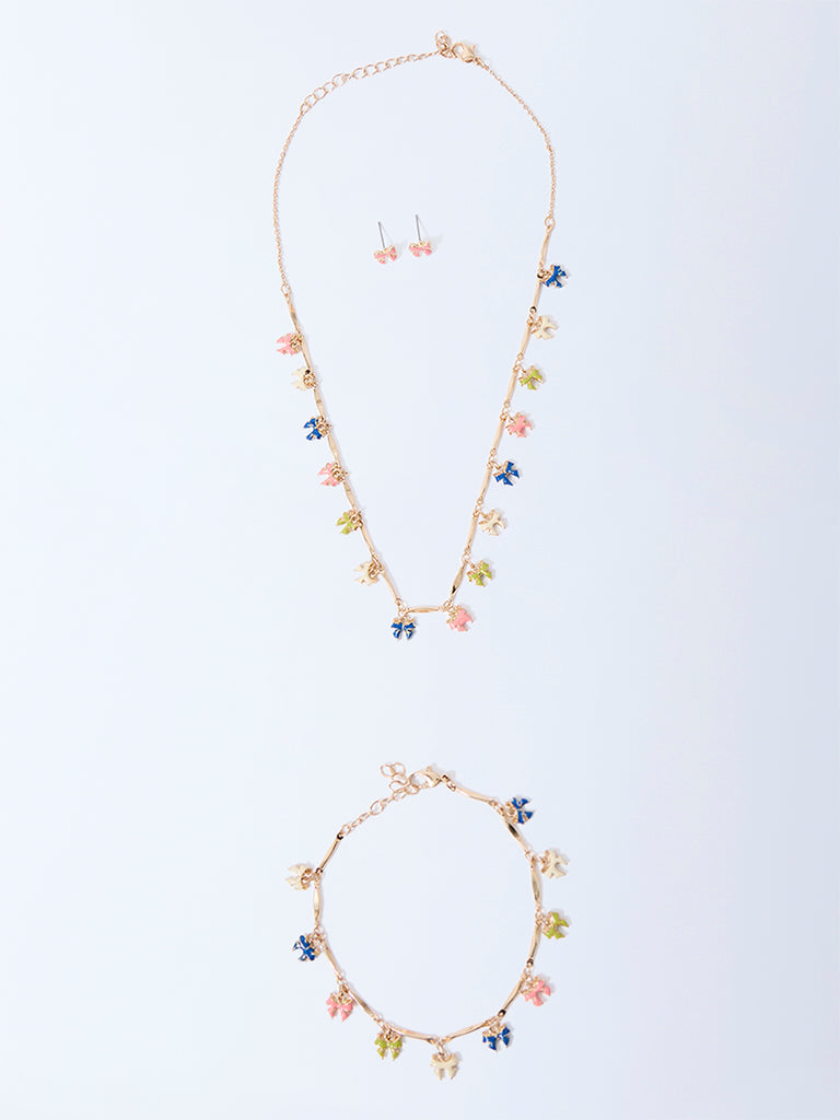 Westside Accessories Multicolour Enamel Bow Necklace, Earrings and Bracelet Set