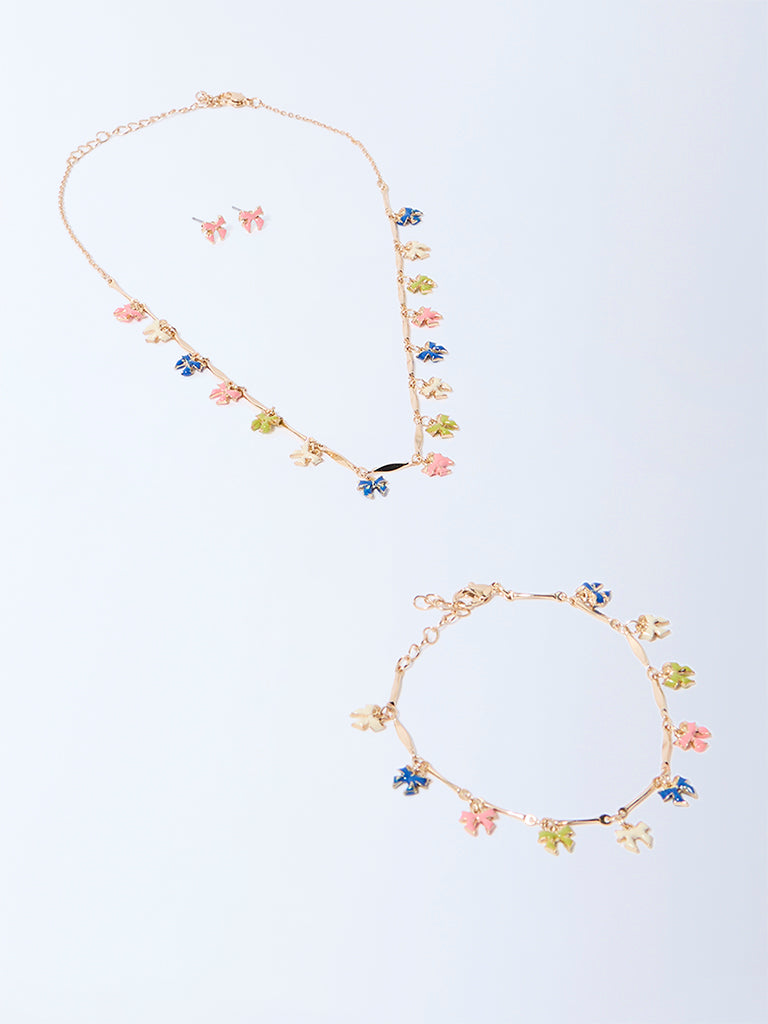 Westside Accessories Multicolour Enamel Bow Necklace, Earrings and Bracelet Set