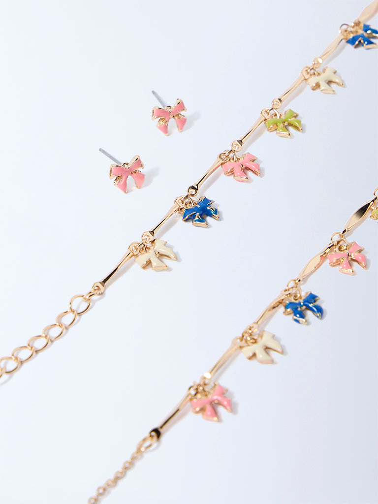 Westside Accessories Multicolour Enamel Bow Necklace, Earrings and Bracelet Set
