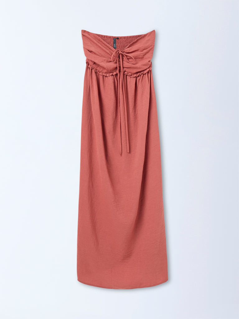 LOV Rust Crinkle Textured Ruched Detailed A-Line Dress