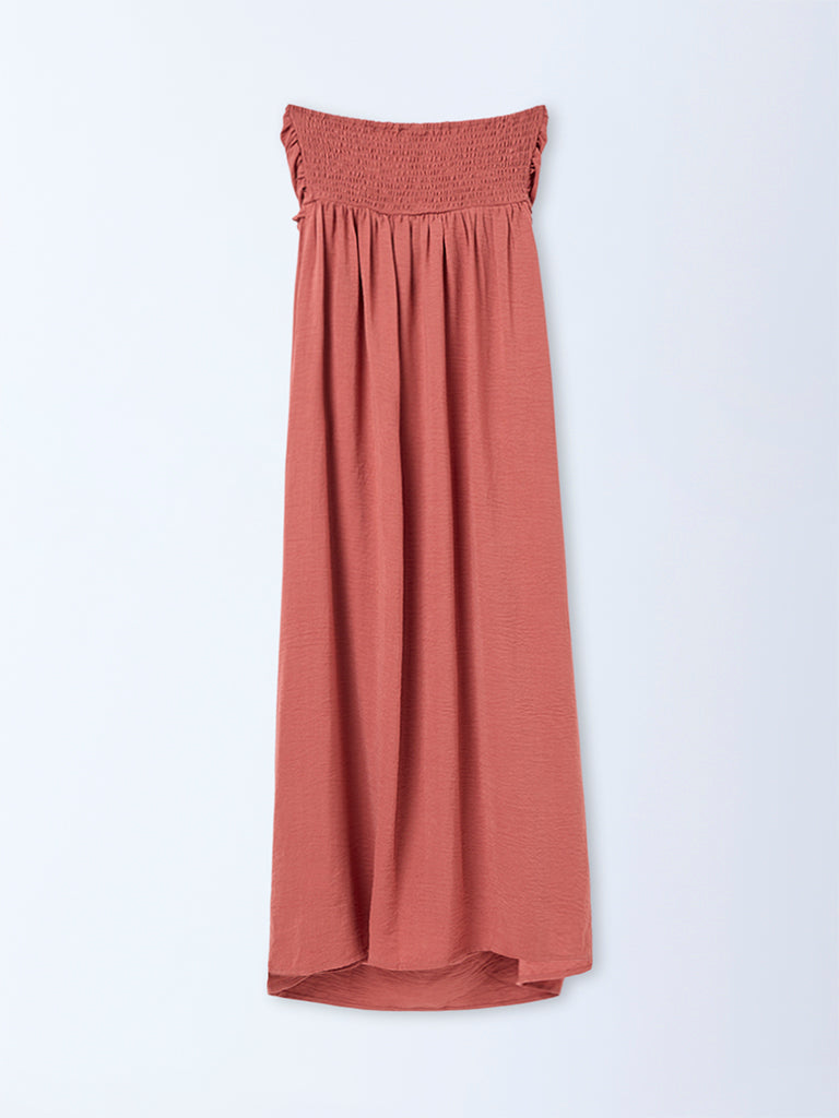 LOV Rust Crinkle Textured Ruched Detailed A-Line Dress