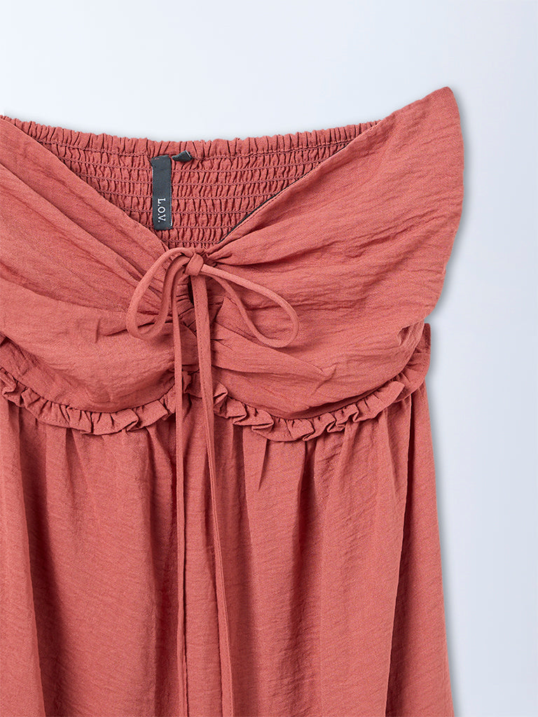 LOV Rust Crinkle Textured Ruched Detailed A-Line Dress