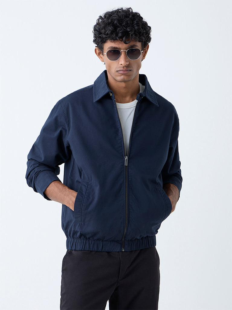 Westside WES Casuals Men's Navy Solid Relaxed-Fit Cotton Jacket for Casual Wear Front View