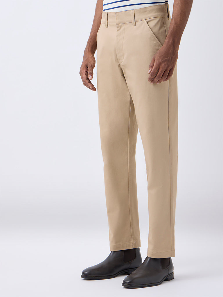WES Casuals Beige Relaxed-Fit Mid-Rise Trousers