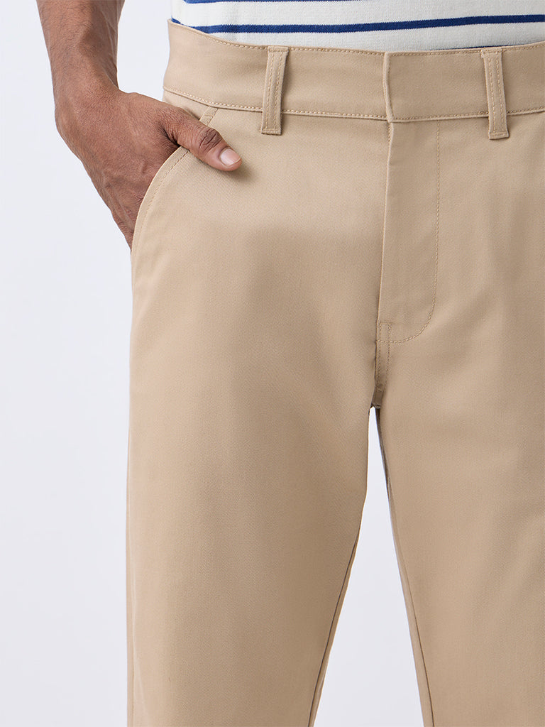 WES Casuals Beige Relaxed-Fit Mid-Rise Trousers