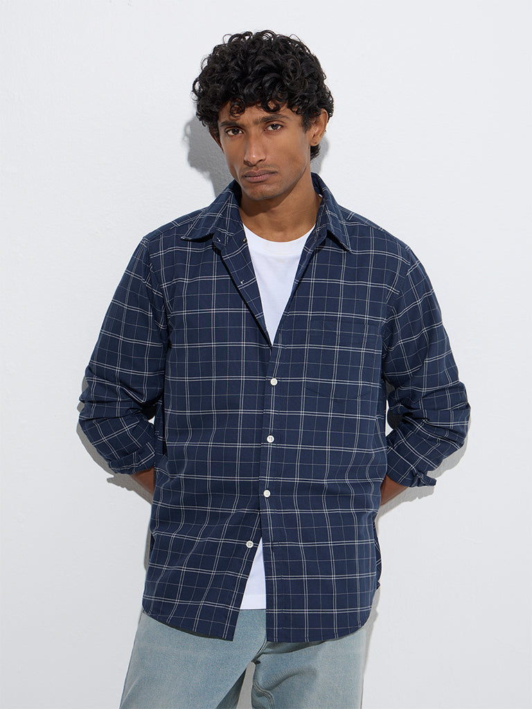 WES Casuals Navy Checks Design Relaxed-Fit Cotton Shirt