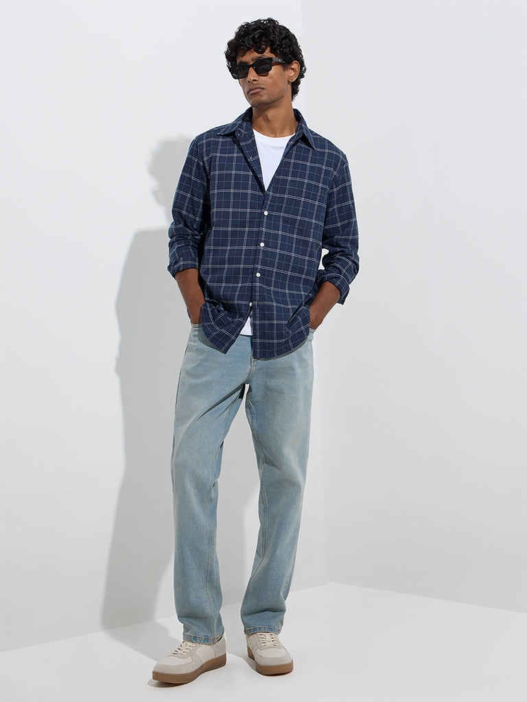 WES Casuals Navy Checks Design Relaxed-Fit Cotton Shirt