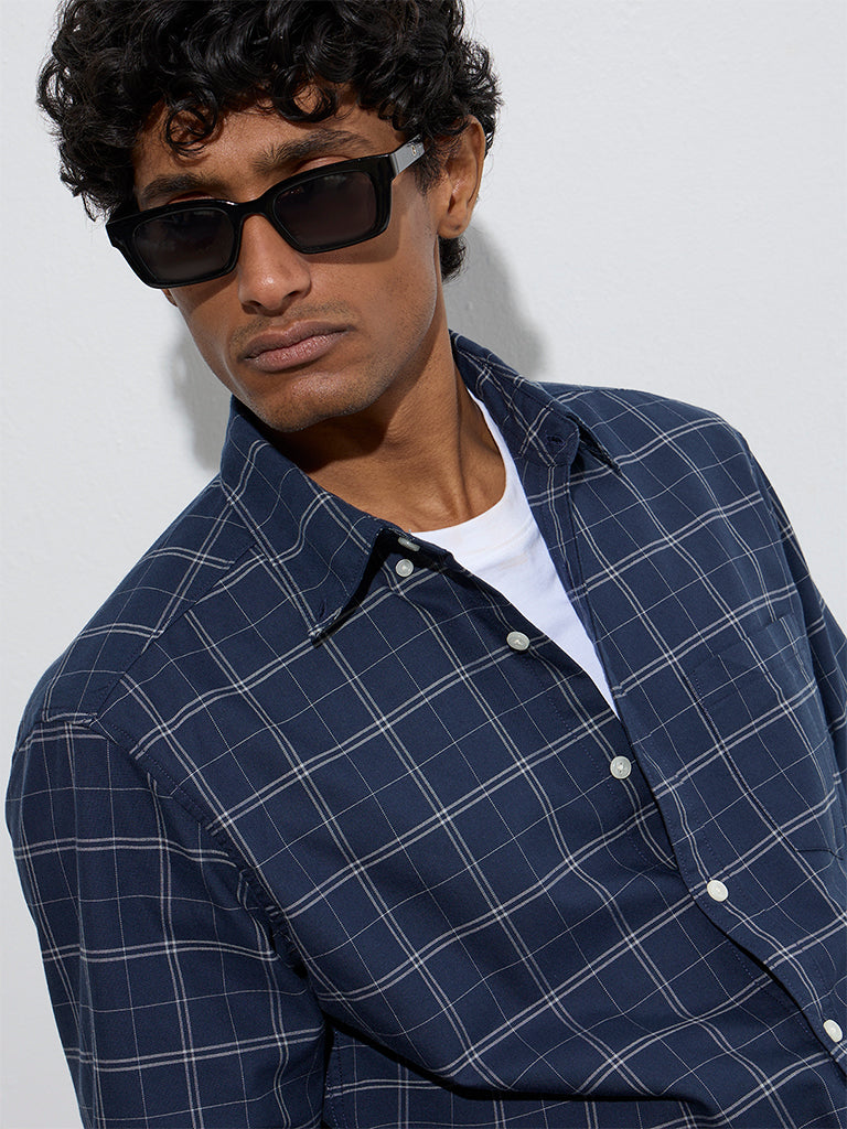 WES Casuals Navy Checks Design Relaxed-Fit Cotton Shirt