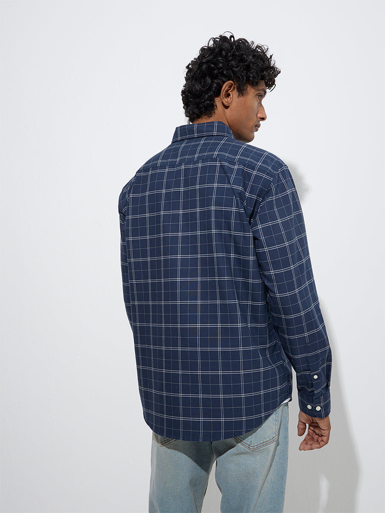 WES Casuals Navy Checks Design Relaxed-Fit Cotton Shirt