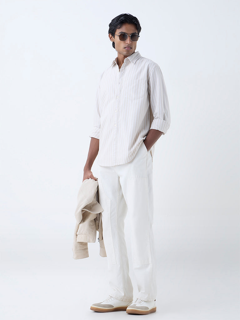 WES Casuals Beige Striped Relaxed-Fit Cotton Shirt