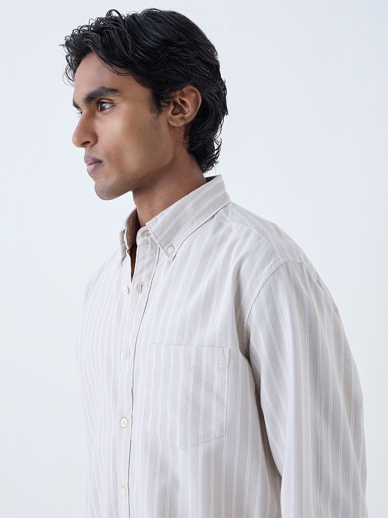 WES Casuals Beige Striped Relaxed-Fit Cotton Shirt