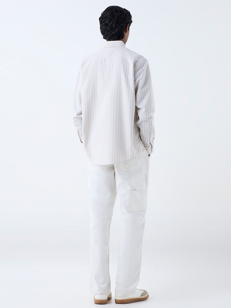 WES Casuals Beige Striped Relaxed-Fit Cotton Shirt