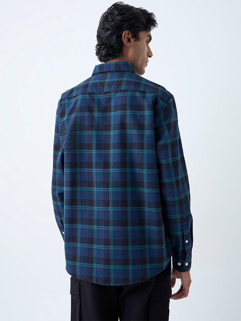 WES Casuals Navy Checkered Relaxed-Fit Cotton Shirt